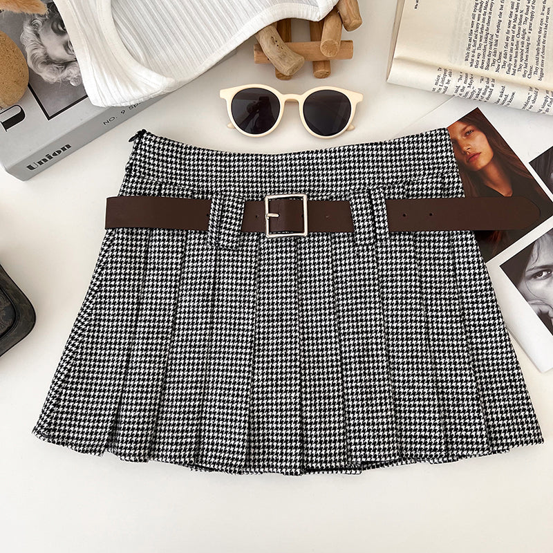 Woolen Pleated Mini Skirt, Low Rise Houndstooth with Belt, Ladies Autumn Winter Outfit