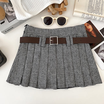 Woolen Pleated Mini Skirt, Low Rise Houndstooth with Belt, Ladies Autumn Winter Outfit