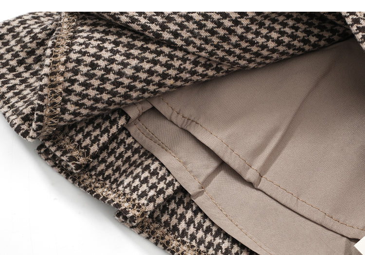 Woolen Pleated Mini Skirt, Low Rise Houndstooth with Belt, Ladies Autumn Winter Outfit
