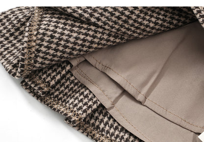 Woolen Pleated Mini Skirt, Low Rise Houndstooth with Belt, Ladies Autumn Winter Outfit