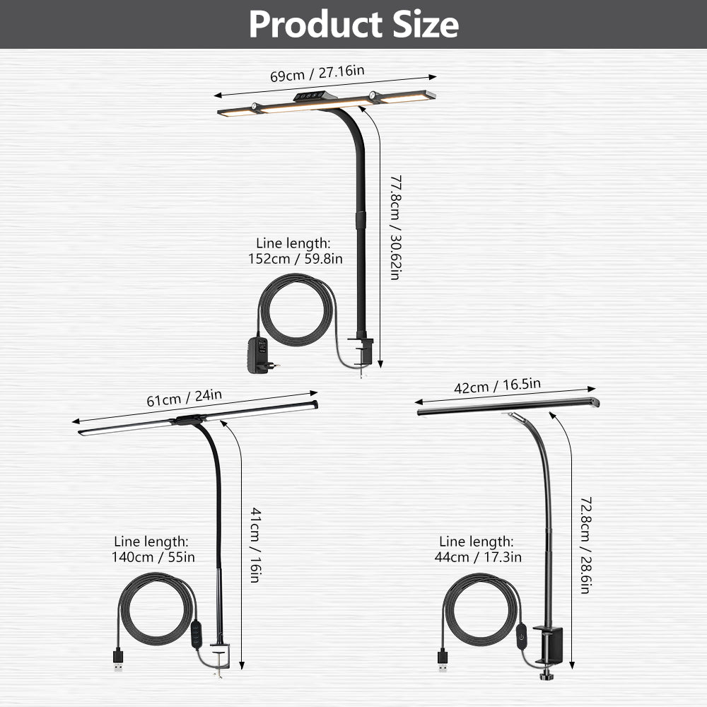 Flexible Adjustable Double Head LED Desk Lamp, Stepless Dimming, 3 Color Modes, Eye Caring Home Office Reading Light, PC