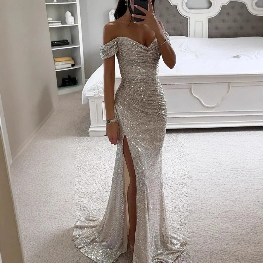 Womens One Shoulder Maxi Dress Casual Chic Party Wear Sexy Slit Regular Waistline No Sleeve 4