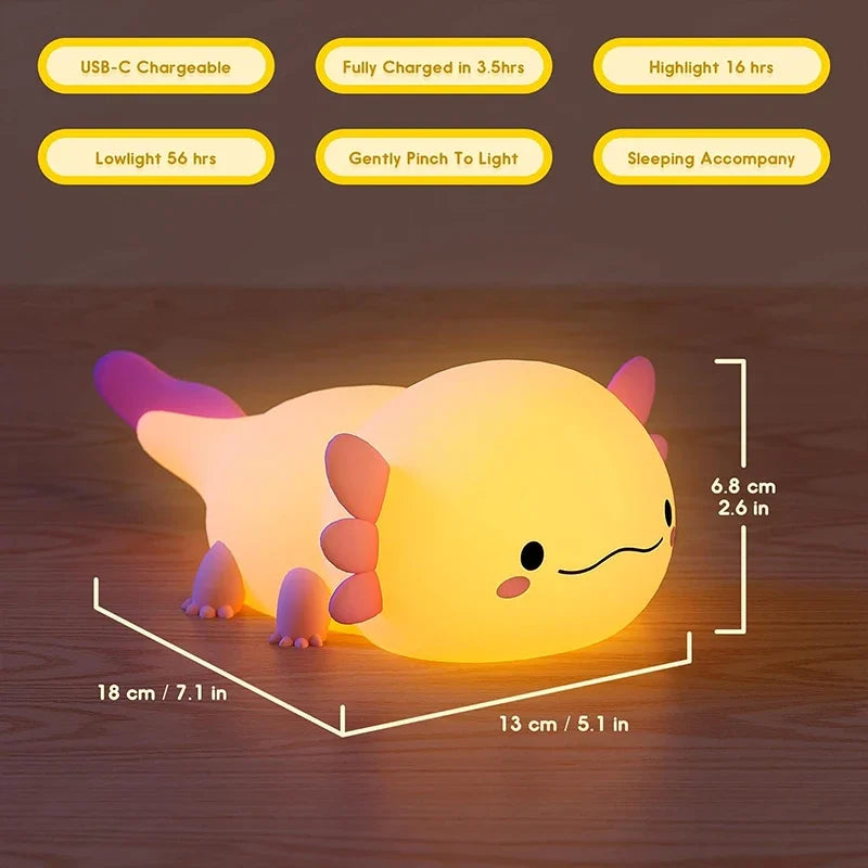 USB Rechargeable Axolotl Night Light, Cute Silicone Nursery Lamp, Touch Control Sleeping Light for Kids, Baby