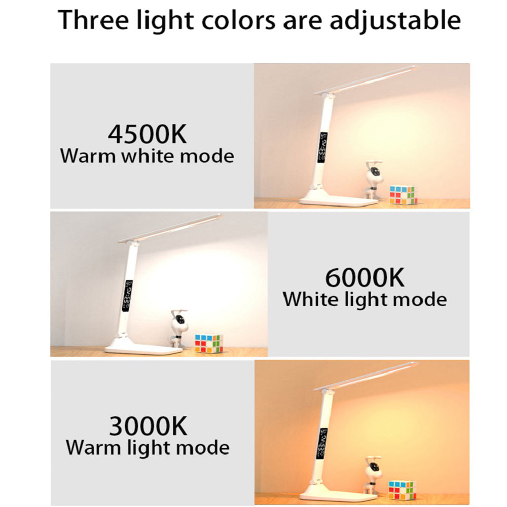 USB C Rechargeable Desk Lamp Touch Dimmable LED Eye Protection Light With Alarm Clock Thermometer 4