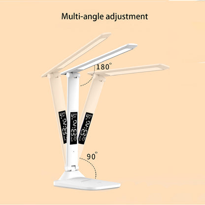 USB C Rechargeable Desk Lamp, Touch Dimmable LED Eye Protection Light, with Alarm Clock, Thermometer