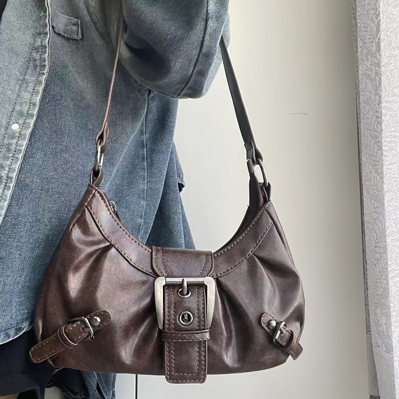 Vintage Leather Shoulder, Maillard Retro Style Bag, Spicy Girl Wasteland, Small Spring Hot Selling Armpit Bag