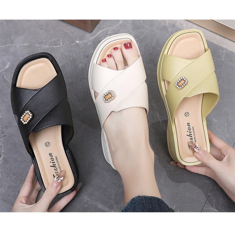 Comfortable Women Shoes Summer Slippers, Fashion Wedge Heels with Thick Sole, Soft Bottom Mother Shoes
