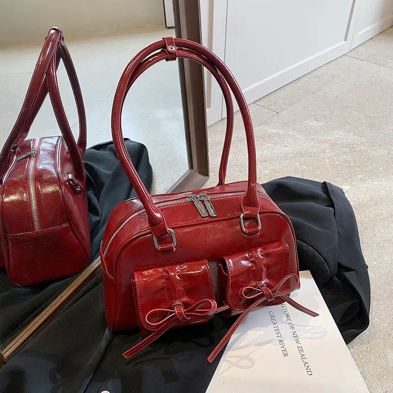 Burgundy Large Handbags Purse, Leather Female Underarm Bag, Vintage Women Business Tote, Simple Ladies Shoulder Bag