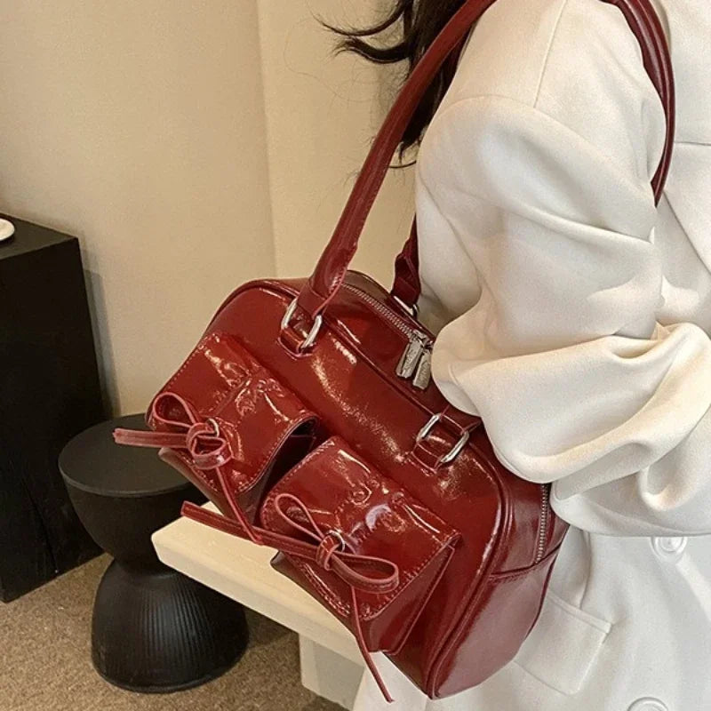 Burgundy Large Handbags Purse, Leather Female Underarm Bag, Vintage Women Business Tote, Simple Ladies Shoulder Bag