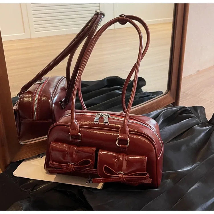 Burgundy Large Handbags Purse, Leather Female Underarm Bag, Vintage Women Business Tote, Simple Ladies Shoulder Bag