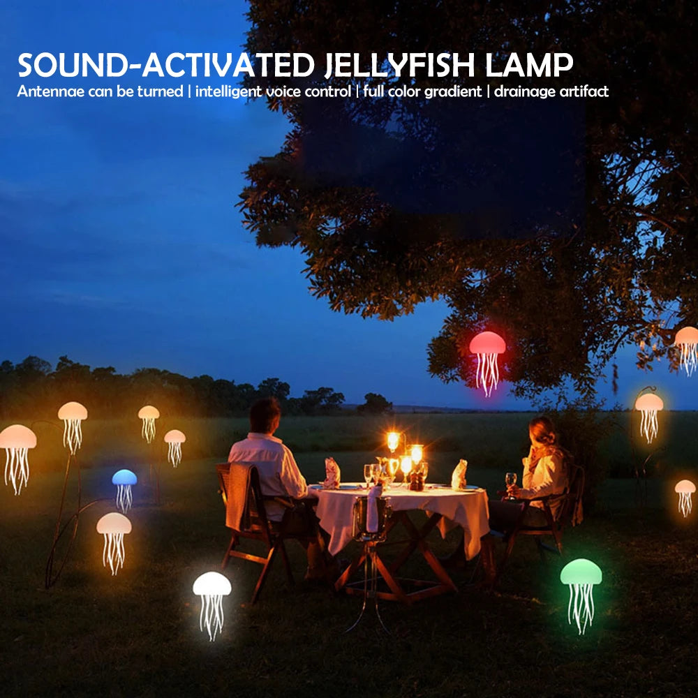 USB Rechargeable LED Night Light, RGB Adjustable Color Jellyfish Lamp with Active Tentacles, Polished Base Bedside Lamp