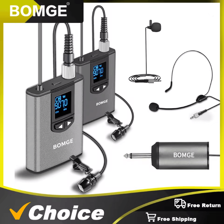 BOMGE Dual Wireless Microphone System with Headset and Lavalier Mics