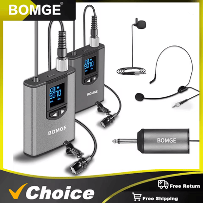 BOMGE Dual Wireless Microphone System with Headset and Lavalier Mics
