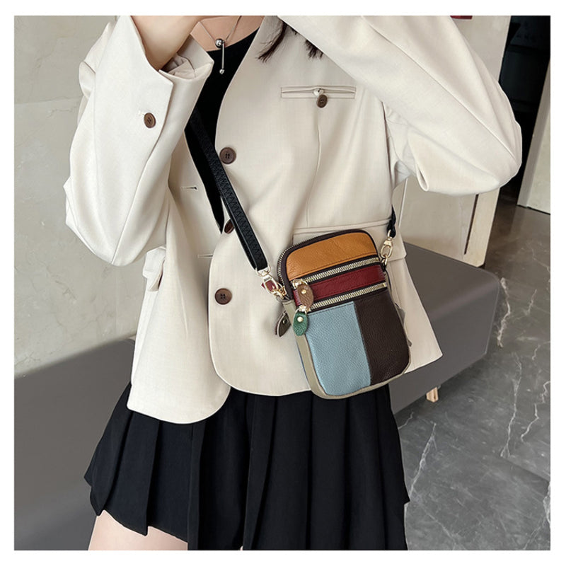 Women Shoulder Bag Multi, New Fashion Soft Leather, Small Mobile Phone Bag, Zipper Soft Cowhide, Color Stitching Random