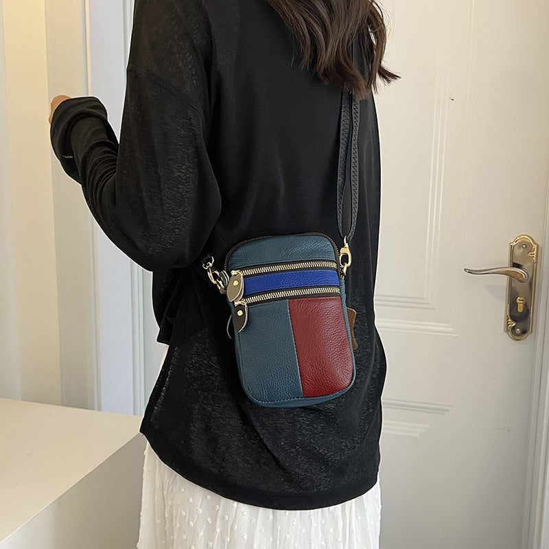 Women Shoulder Bag Multi, New Fashion Soft Leather, Small Mobile Phone Bag, Zipper Soft Cowhide, Color Stitching Random