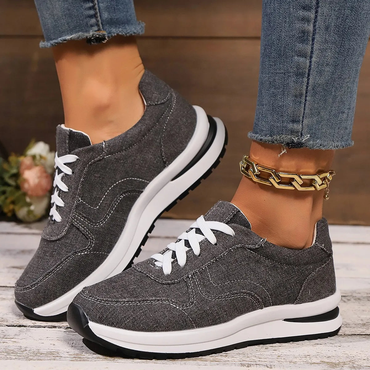 Womens Blue Denim Thick Sole Sneakers, Fashion Lace Up Platform Casual Sports