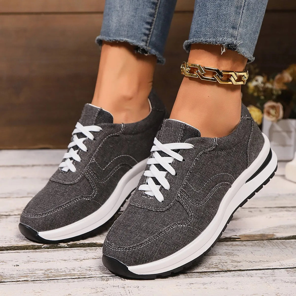 Womens Blue Denim Thick Sole Sneakers, Fashion Lace Up Platform Casual Sports