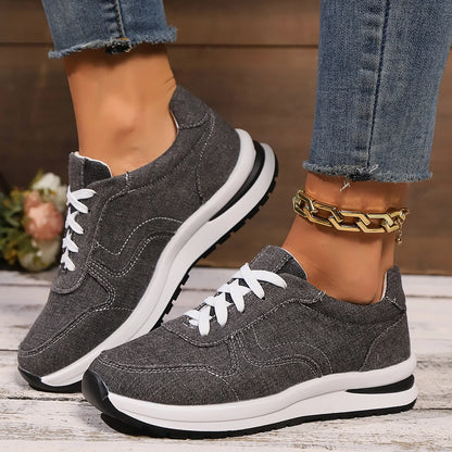 Womens Blue Denim Thick Sole Sneakers, Fashion Lace Up Platform Casual Sports
