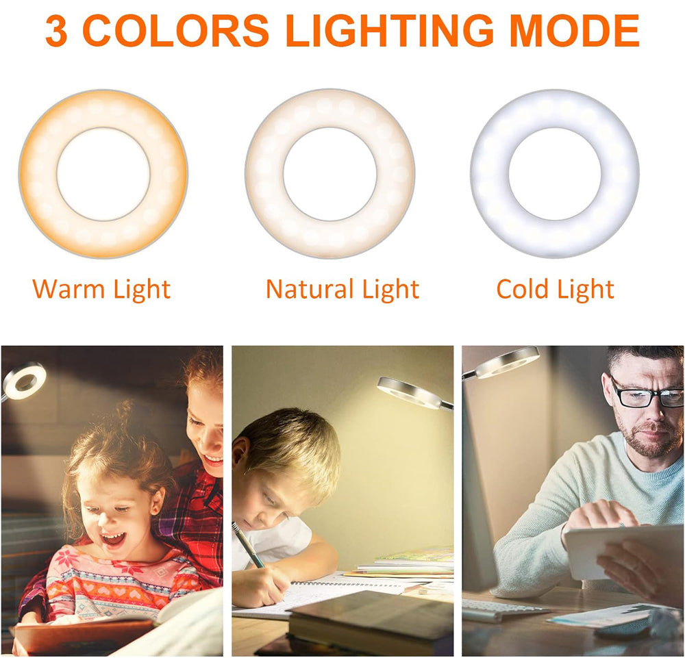 Dimmable LED Reading Light, 360 Flexible Gooseneck, Clip On Desk Lamp, Eye Protection Bedside Table Light