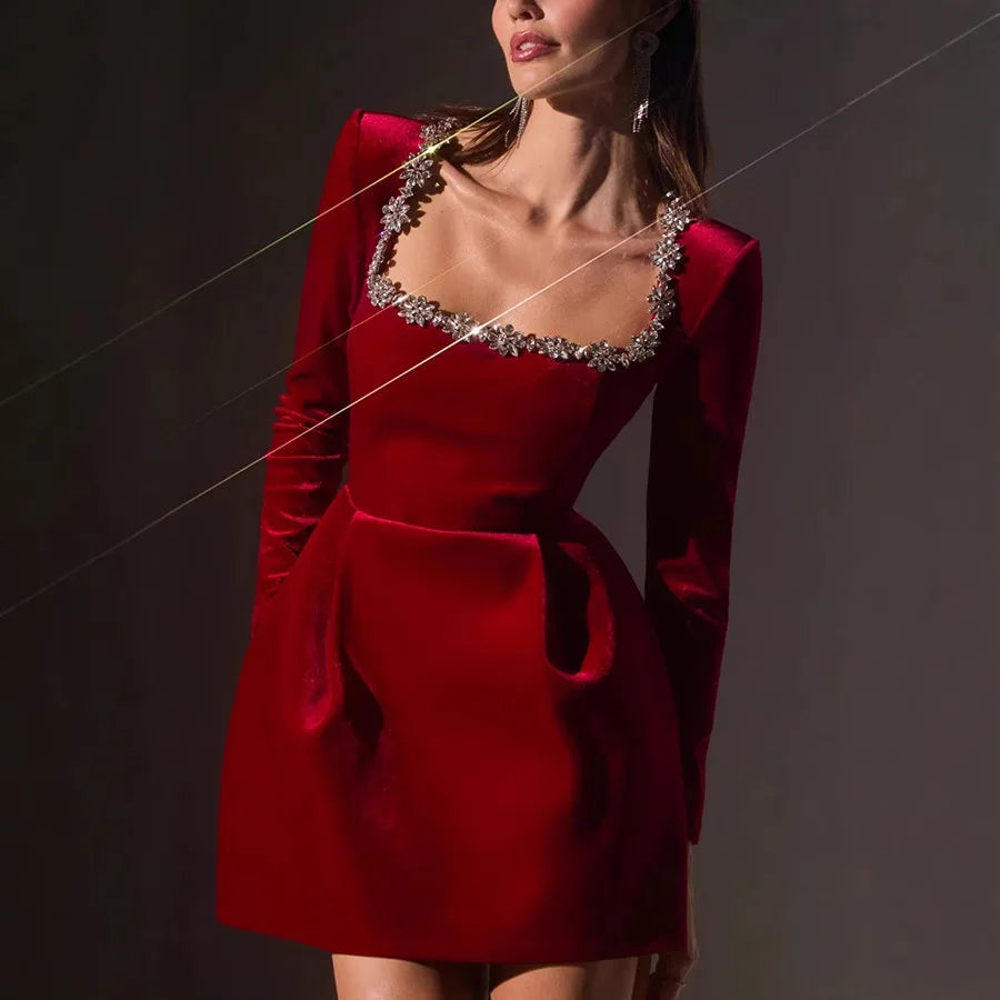 Elegant Short Velvet Dress, Diamond Embellished Square Neck, Women's Spring Fashion