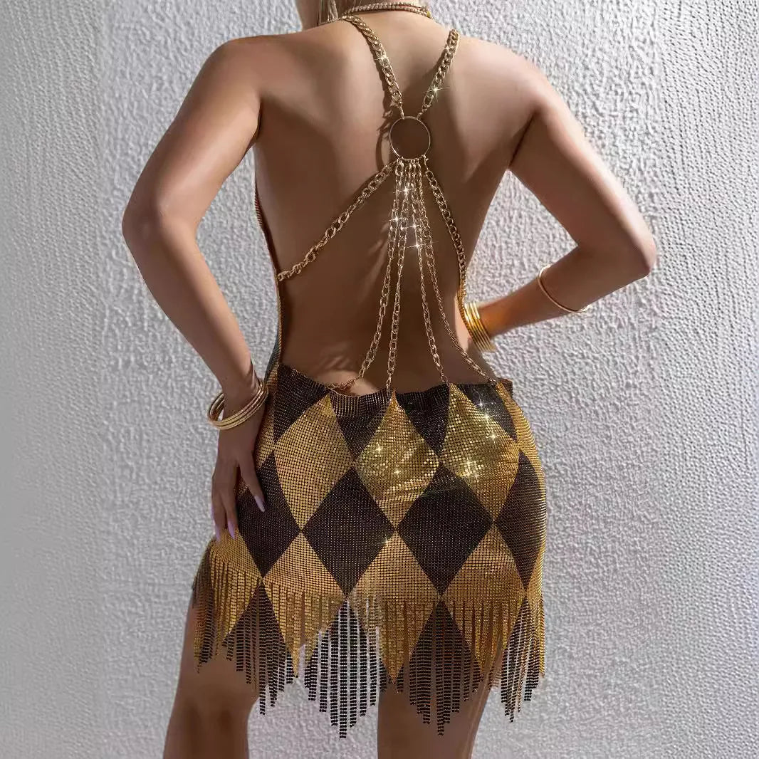 Sexy Summer Dress, Women's Sleeveless Mini Skirt, with Metal Splice and V Neck Backless Fashion
