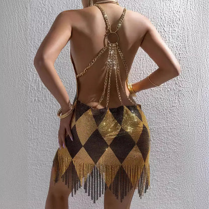 Sexy Summer Dress, Women's Sleeveless Mini Skirt, with Metal Splice and V Neck Backless Fashion