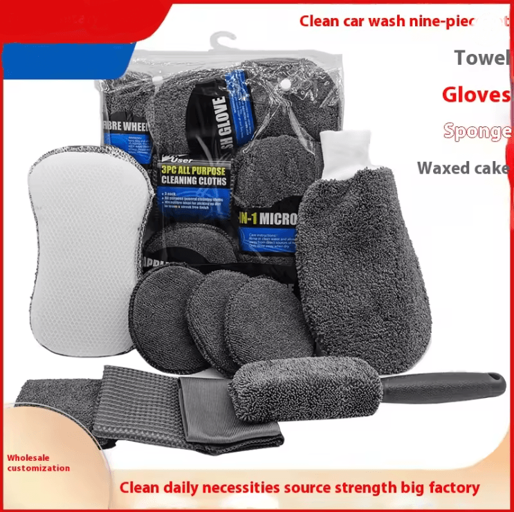 AutoShine 9 Piece Car and Motorcycle Cleaning Kit with Towels, Sponges, and Brushes