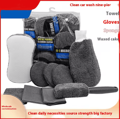 AutoShine 9 Piece Car and Motorcycle Cleaning Kit with Towels, Sponges, and Brushes
