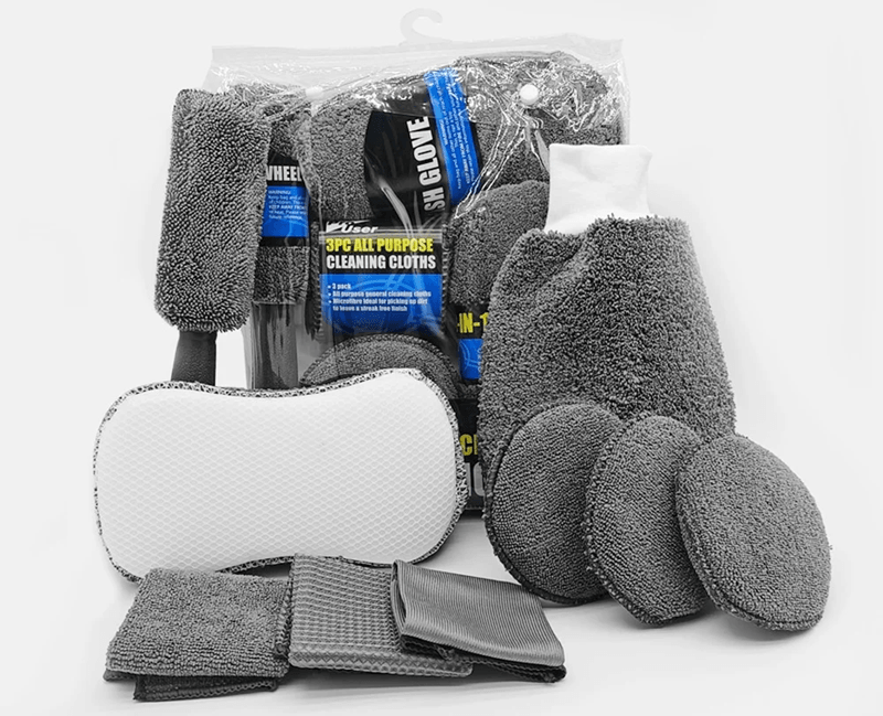 AutoShine 9 Piece Car And Motorcycle Cleaning Kit With Towels Sponges And Brushes 3
