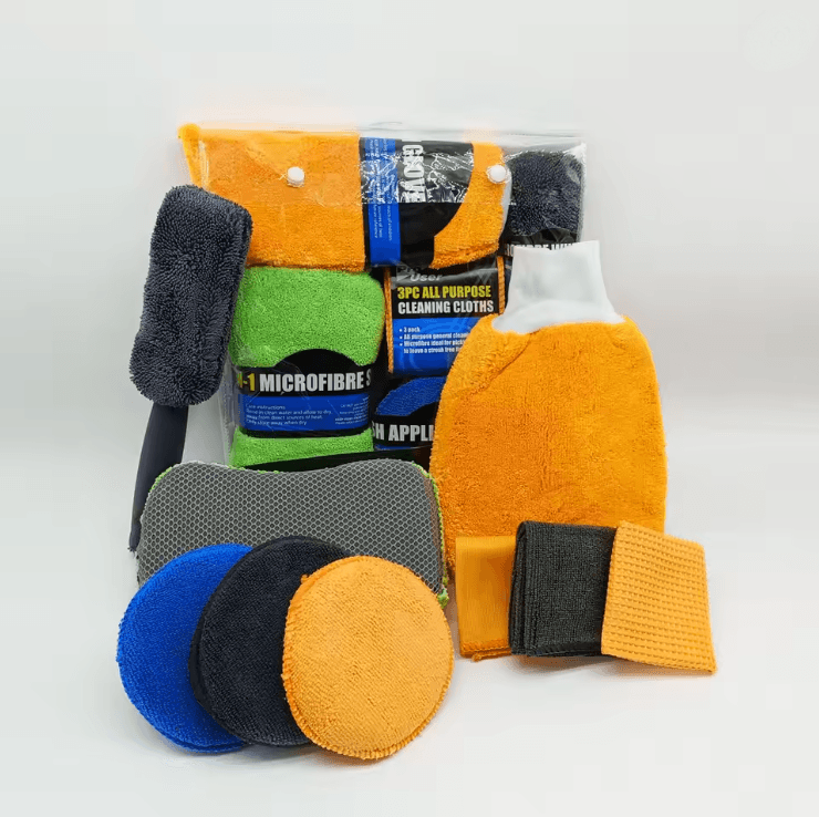 AutoShine 9 Piece Car And Motorcycle Cleaning Kit With Towels Sponges And Brushes 5