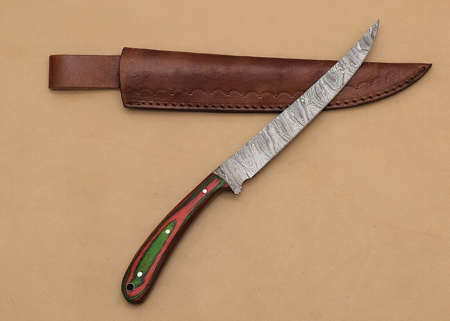 Custom Handmade Damascus Steel Kitchen Chef Fillet Knife With Pakka Wood Handle And Leather Sheath 1