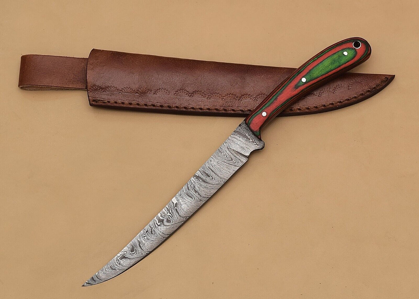 Custom Handmade Damascus Steel Kitchen Chef Fillet Knife With Pakka Wood Handle And Leather Sheath 2