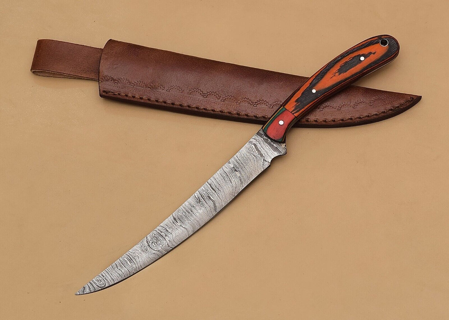 HandForged Damascus Steel Chef Fillet Knife  13 Kitchen  Hunting Knife With Wood Handle 2