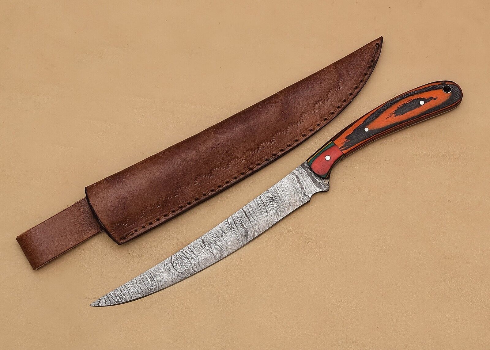 Hand-Forged Damascus Steel Chef Fillet Knife – 13" Kitchen & Hunting Knife with Wood Handle
