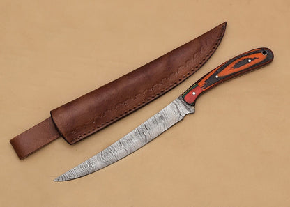 Hand-Forged Damascus Steel Chef Fillet Knife – 13" Kitchen & Hunting Knife with Wood Handle
