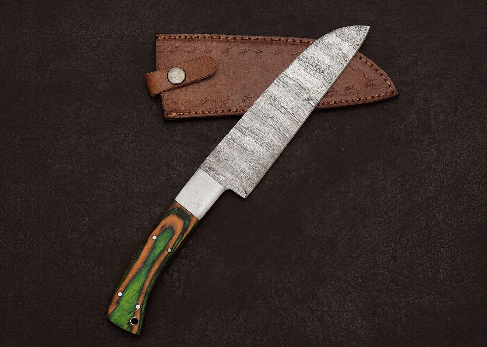 Premium Handmade Damascus Steel Kitchen Knife  8 Blade With Leather Sheath 1