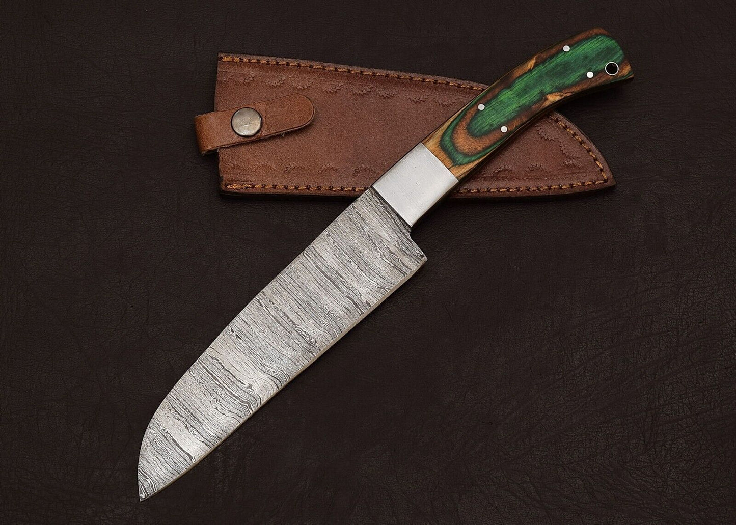 Premium Handmade Damascus Steel Kitchen Knife  8 Blade With Leather Sheath 2