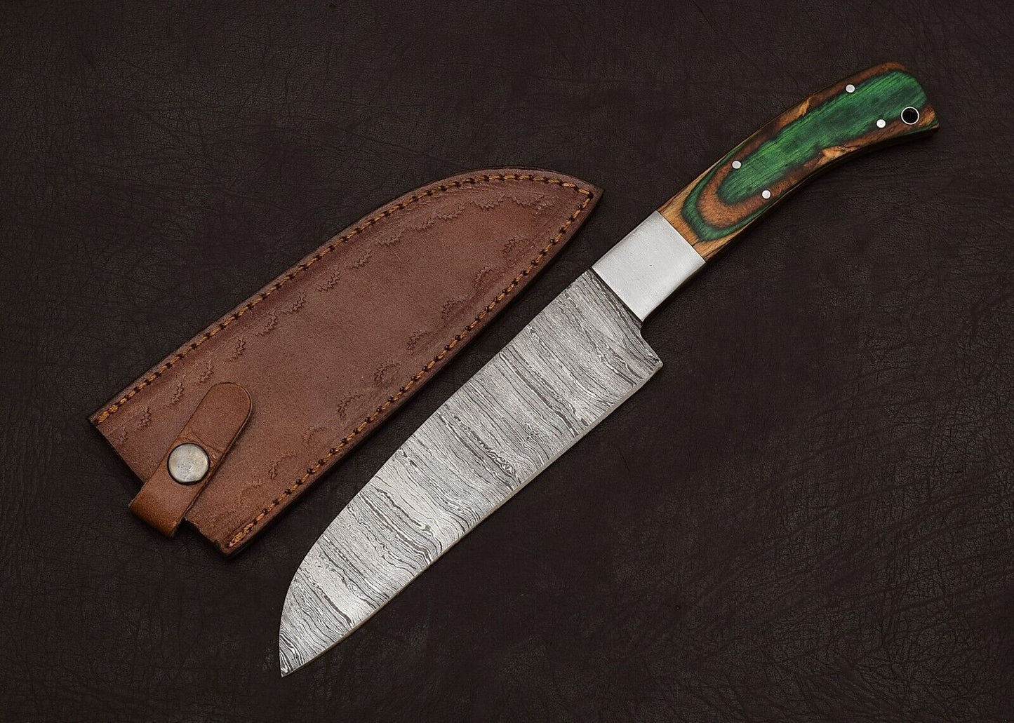 Premium Handmade Damascus Steel Kitchen Knife – 8" Blade with Leather Sheath
