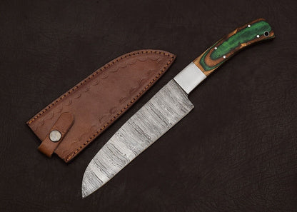 Premium Handmade Damascus Steel Kitchen Knife – 8" Blade with Leather Sheath