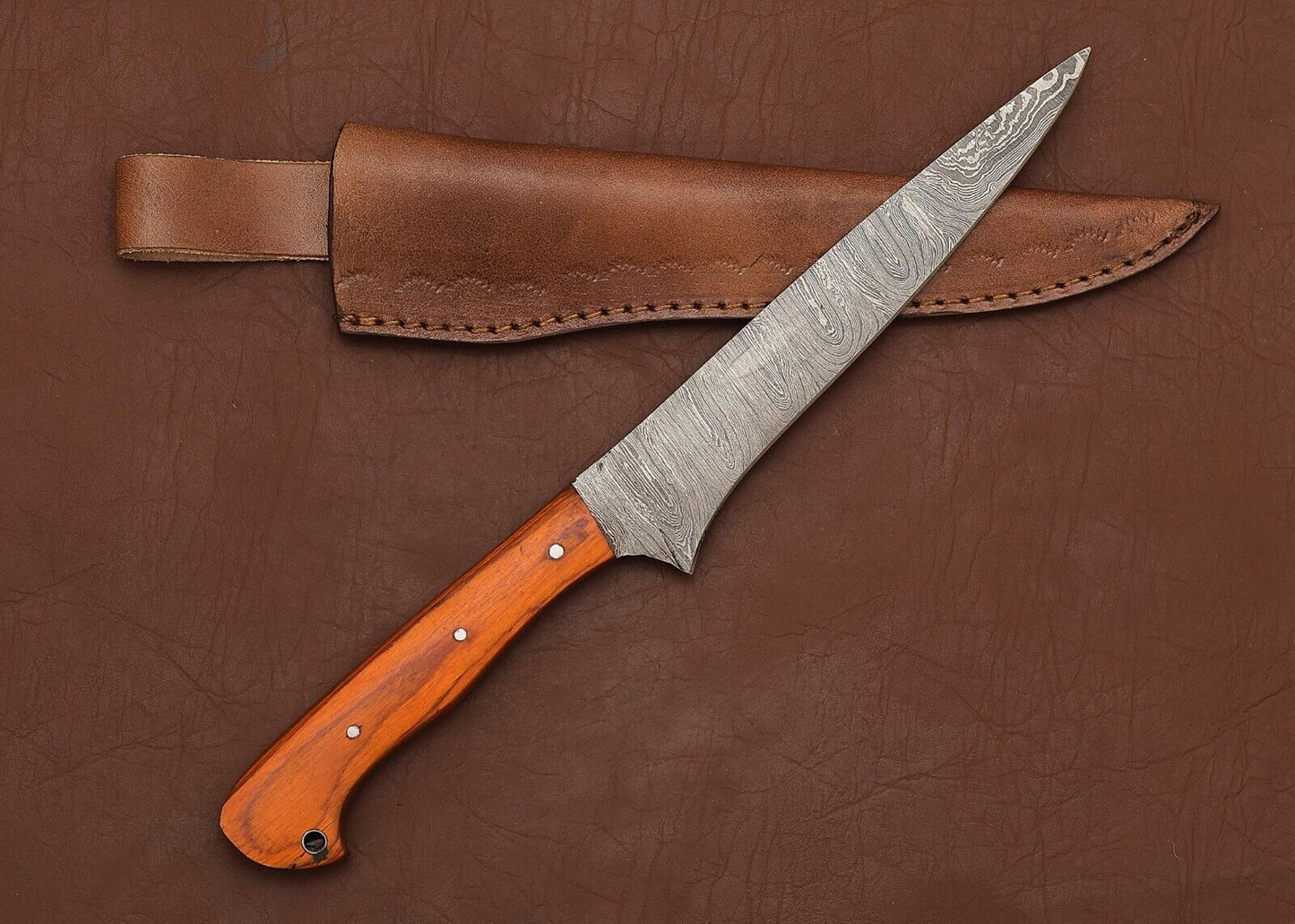 Damascus Steel Chef Knife  13 Handmade Fillet Blade With Leather Sheath 1