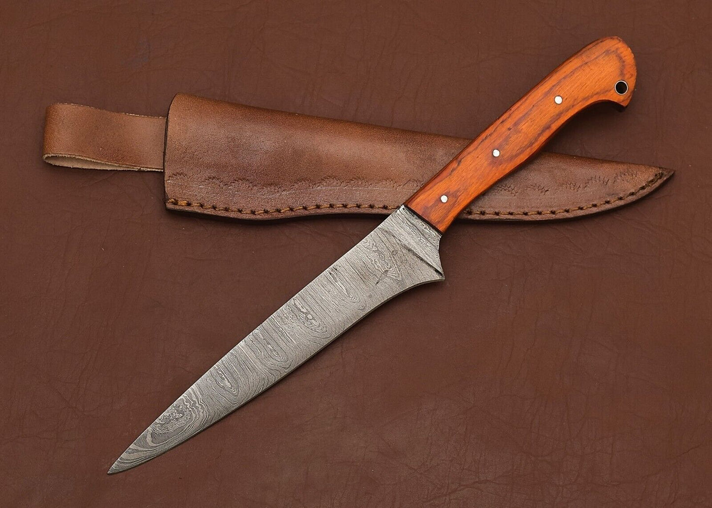Damascus Steel Chef Knife  13 Handmade Fillet Blade With Leather Sheath 2