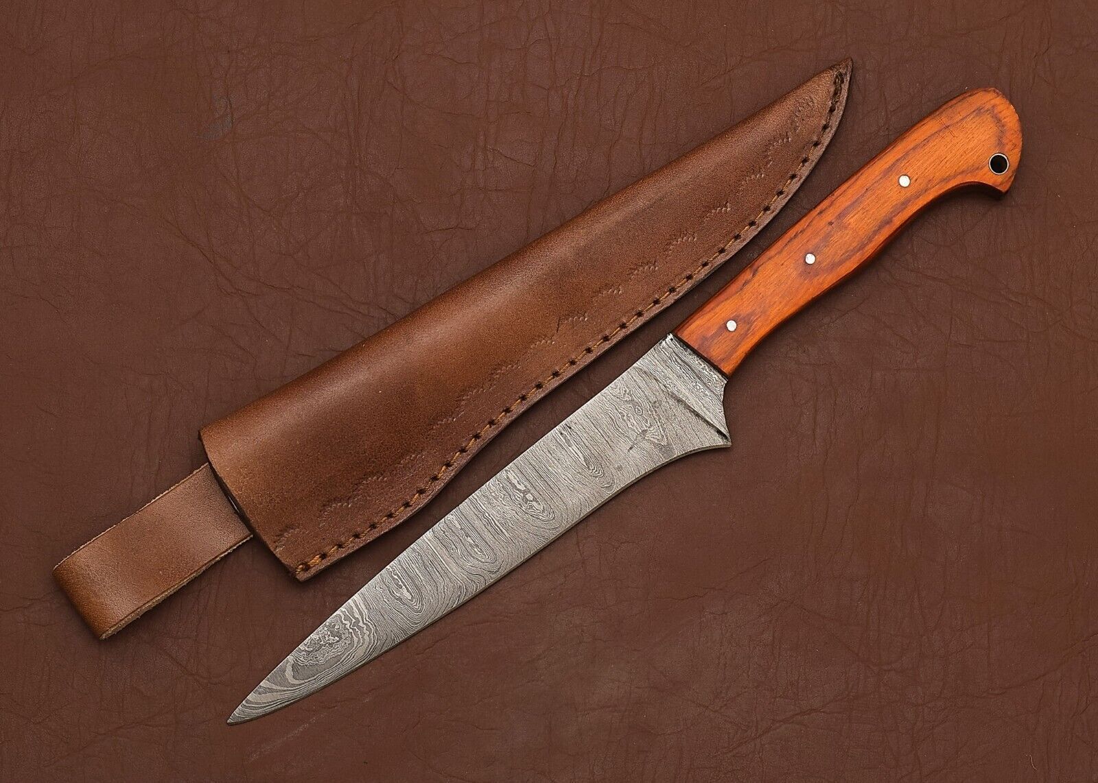 Damascus Steel Chef Knife – 13" Handmade Fillet Blade with Leather Sheath