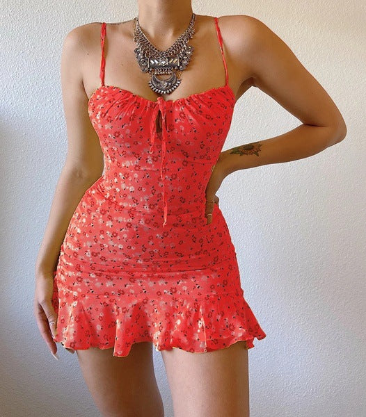 Sexy Floral Print Bodycon Dress, Spaghetti Strap, Sleeveless Mini Dress with Ruffles, Summer Beach Sundress for Women