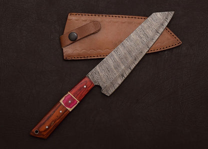 Damascus Steel Hunting  Chef Knife  Custom 8 Blade With Leather Sheath 1