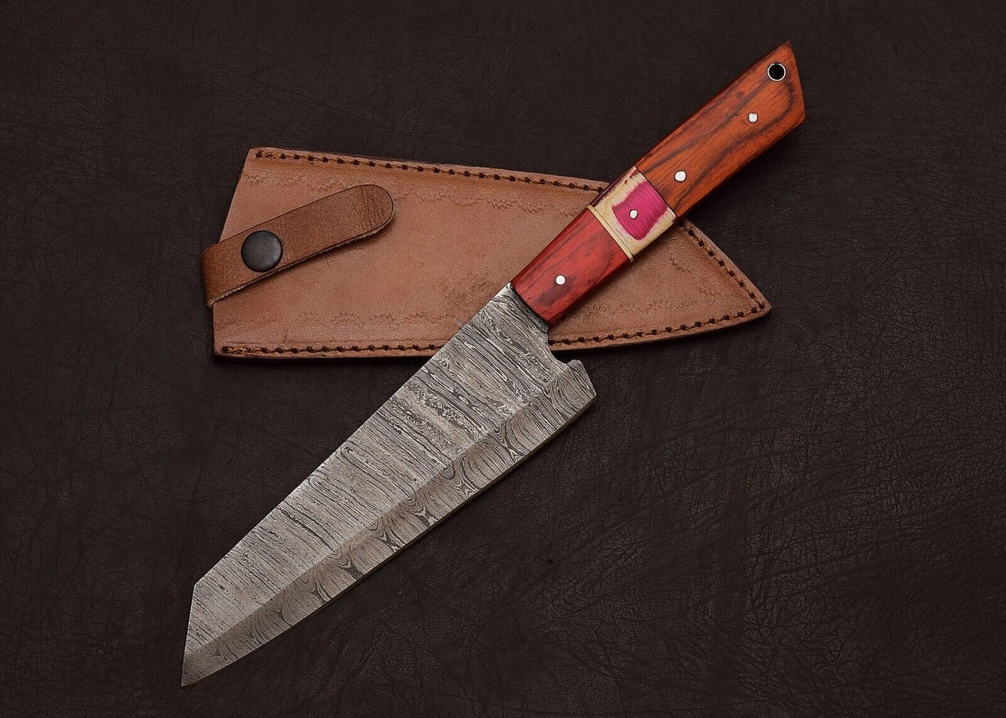 Damascus Steel Hunting  Chef Knife  Custom 8 Blade With Leather Sheath 2