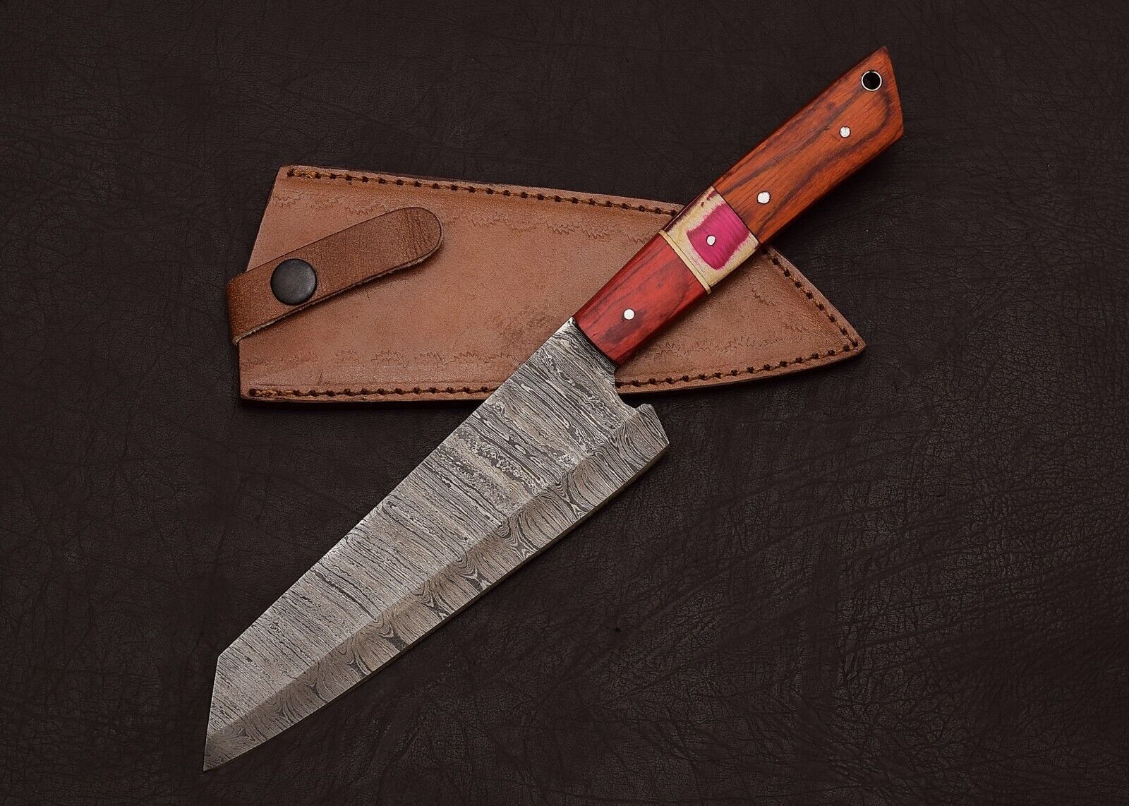 Damascus Steel Hunting  Chef Knife  Custom 8 Blade With Leather Sheath 2