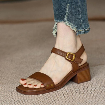 Vintage Brown Women Sandals Soft Leather Thick Heel Cross Strap Summer Mary Jane High Heels 7