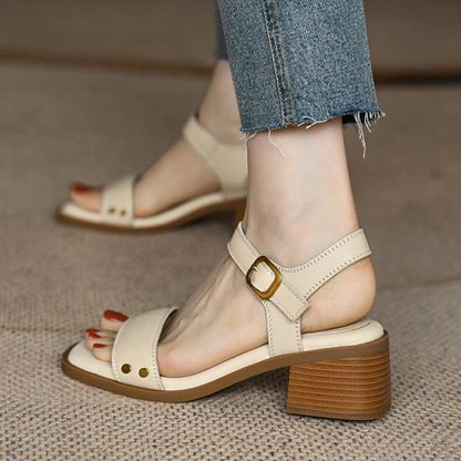 Vintage Brown Women Sandals Soft Leather Thick Heel Cross Strap Summer Mary Jane High Heels 3
