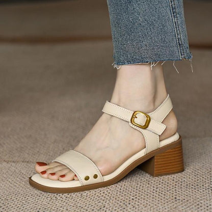 Vintage Brown Women Sandals Soft Leather Thick Heel Cross Strap Summer Mary Jane High Heels 4