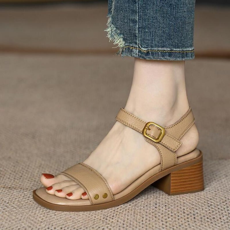 Vintage Brown Women Sandals Soft Leather Thick Heel Cross Strap Summer Mary Jane High Heels 8